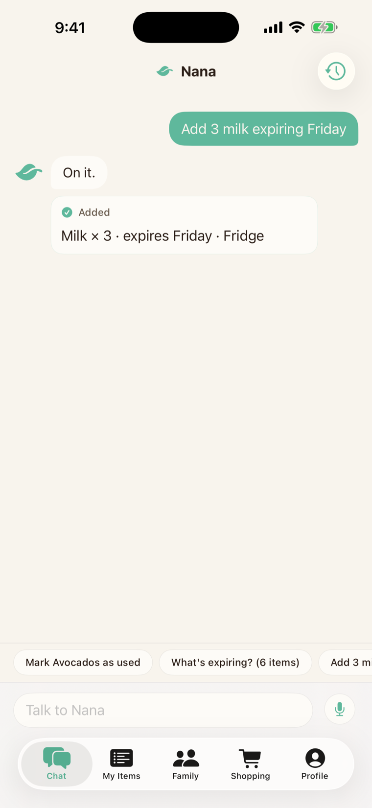 Chatting with Nana to add groceries and check what's expiring