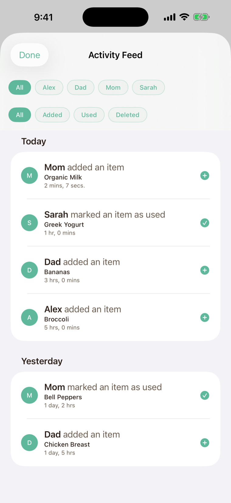The household activity feed — who added or used what, and when