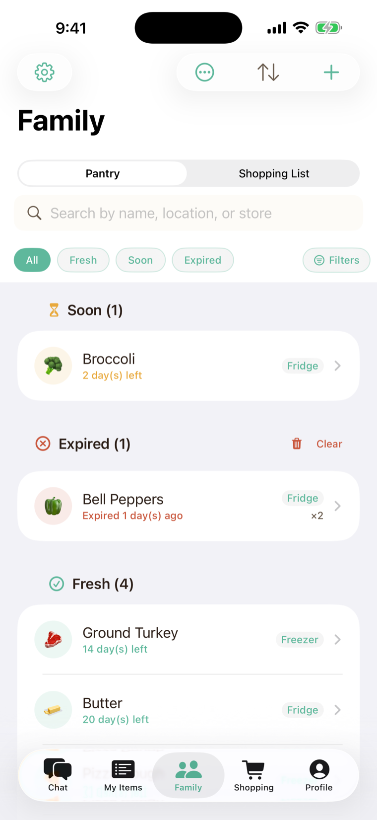 The shared family pantry, grouped by what's expiring soon