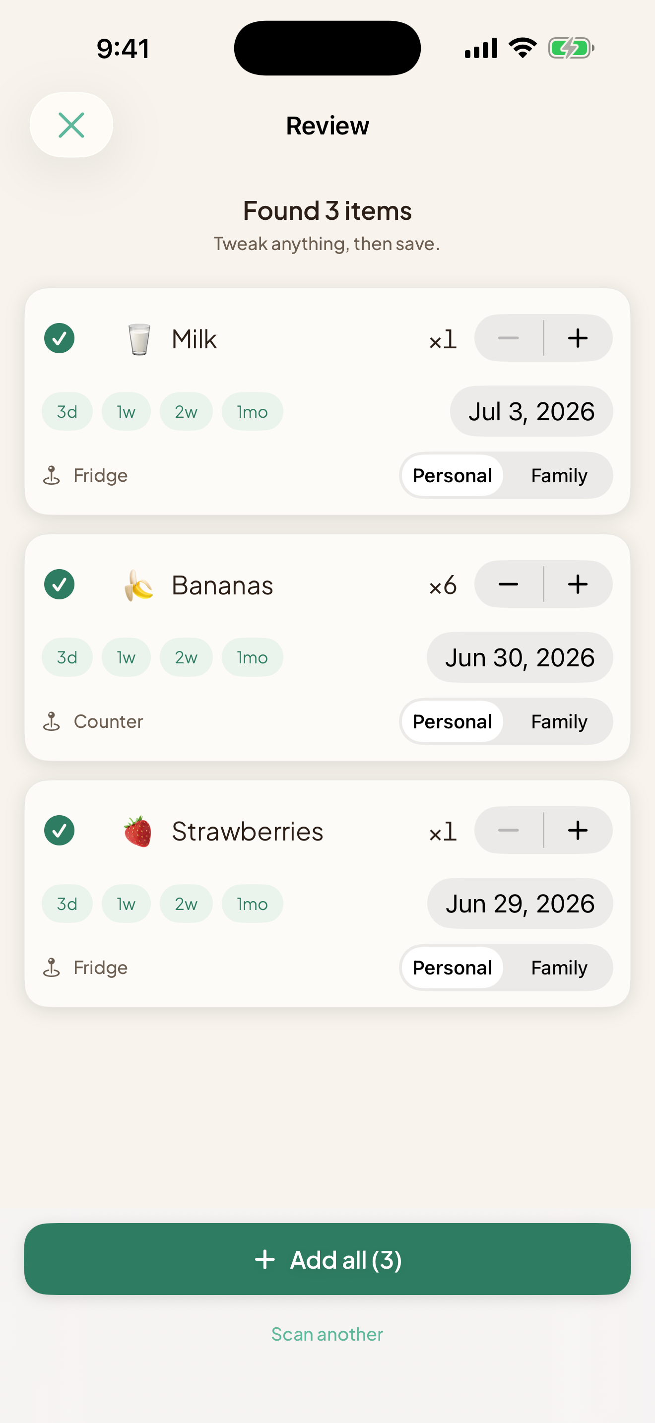 Scan review — Nana lists the groceries it recognized from a photo